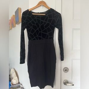 #72 Fashionnova black long sleeve midi dress with velvet and mesh cutouts